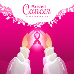 Hands and Pink Ribbon in Breast Cancer Awareness Month