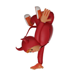 3D illustration. 3D Cartoon Funny Face Red Devil standing with one hand. with the body upside down. both feet facing up. 3D Cartoon Character