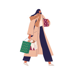 Woman going with Christmas shopping bags with gifts, purchases outdoor. Young girl during preparation for winter holiday, Xmas and New Year. Flat vector illustration isolated on white background