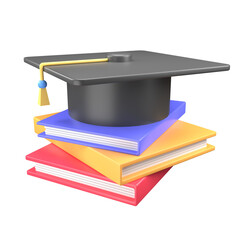 graduation cap and stack of books 3D