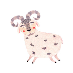 Aries sign character. Watercolor hand drawn goat image, part of zodiac collection. Print for fabric, T-short, poster, packing	
