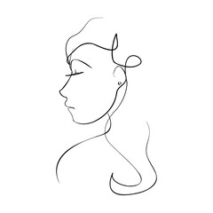 One continuous line hand drawn vector art with beautiful woman face in elegant curve. Black isolated on white background. Modern simplistic design for fashion, wall art, print, tattoo, cover, card.