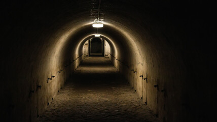 First person view walking through the military tunnel in the dungeon. Defensive structure,...