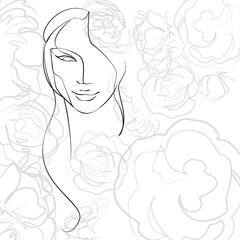 One continuous line hand drawn vector art with beautiful woman face in elegant curve. Black isolated on white background. Modern simplistic design for fashion, wall art, print, tattoo, cover, card.