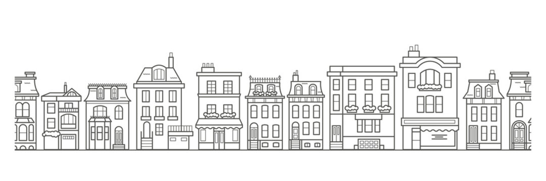 European buildings skyline. Linear cityscape with various row houses. Outline seamless border with old Dutch buildings.