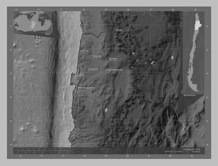 Antofagasta, Chile. Grayscale. Labelled points of cities