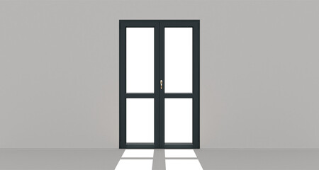 Grey door. Metall door. Transparent. White wall. 3d. 3D render.