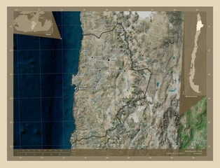 Antofagasta, Chile. High-res satellite. Labelled points of cities