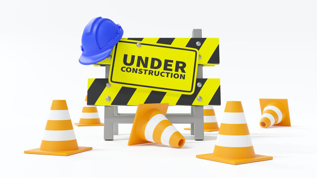 Under construction . Barrier with safety hat and traffic cone . Isolated white background . 3D rendering .