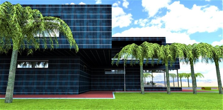Eco-friendly stylish home. The walls are covered with photovoltaic cells to generate solar energy. Wonderful green lawn with palm trees. Red brick pavement. 3d render.