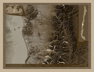 Araucania, Chile. Sepia. Labelled points of cities