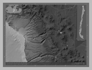 Arica y Parinacota, Chile. Grayscale. Labelled points of cities