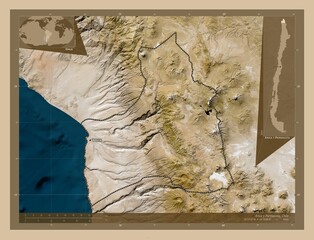 Arica y Parinacota, Chile. Low-res satellite. Labelled points of cities