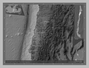 Atacama, Chile. Grayscale. Labelled points of cities