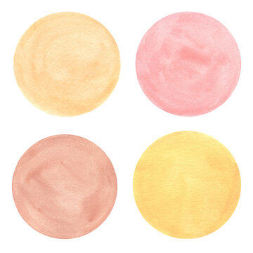 Set of textures watercolors circles. Abstract watercolor beige and pink blots. Hand painting isolated on white.