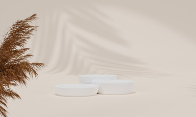 Podium with colorful pastel background and tree or leaf stand or podium pedestal on advertising display with blank backdrops. 3D rendering.