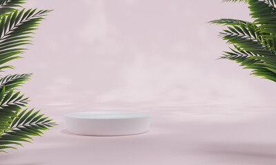 Podium with colorful pastel background and tree or leaf stand or podium pedestal on advertising display with blank backdrops. 3D rendering.