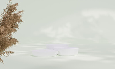 Podium with colorful pastel background and tree or leaf stand or podium pedestal on advertising display with blank backdrops. 3D rendering.