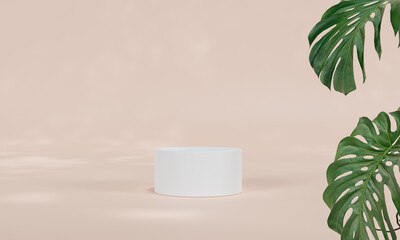 Podium with colorful pastel background and tree or leaf stand or podium pedestal on advertising display with blank backdrops. 3D rendering.