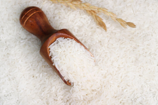 A sack of rice with a wooden spoon. uncooked surti kolam rice over black background. copy space. 