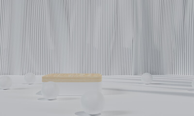 White podium and white background stand or podium pedestal on advertising display with blank backdrops. 3D rendering.