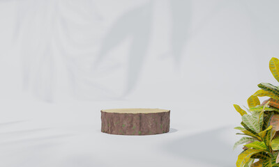 Podium with colorful pastel background and tree or leaf stand or podium pedestal on advertising display with blank backdrops. 3D rendering.