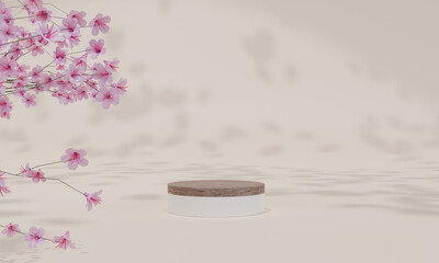 Podium with colorful pastel background and tree or leaf stand or podium pedestal on advertising display with blank backdrops. 3D rendering.