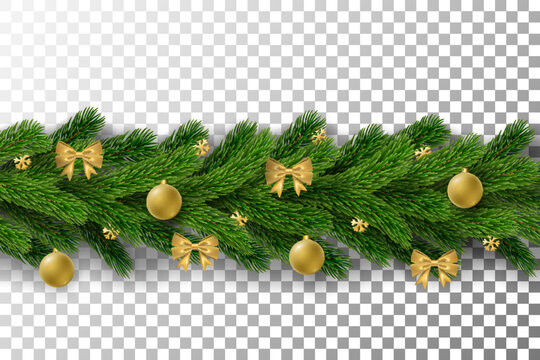 Merry Christmas Garland Isolated White Transparent Background. 3D Border Green Holiday Branch Hanging Decor. Pine Tree, Gold Bow Tie, Golden Bauble, Confetti Snowflakes Decoration Vector Illustration