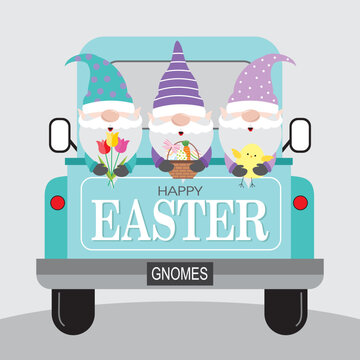 happy easter card with gnomes on the car