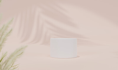 Podium with colorful pastel background and tree or leaf stand or podium pedestal on advertising display with blank backdrops. 3D rendering.