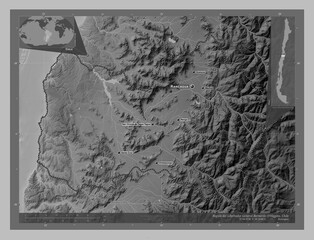 Region del Libertador General Bernardo O'Higgins, Chile. Grayscale. Labelled points of cities