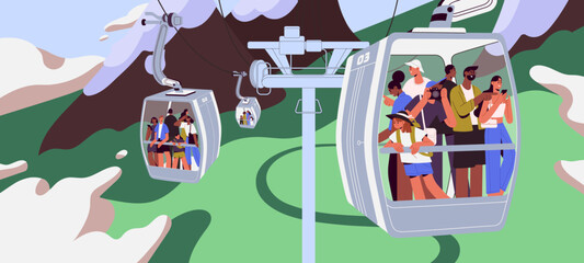 Cableway in mountains. People in cars, cabins of aerial cable lift, rope way on summer holiday. Tourists travel by cablecar of ropeway, looking nature landscapes, panorama. Flat vector illustration © Paper Trident
