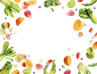 Frame of various flying or falling summer fruits, berries and vegetables on transparent background. Healthy food. Detox and dieting concept
 - obrazy, fototapety, plakaty