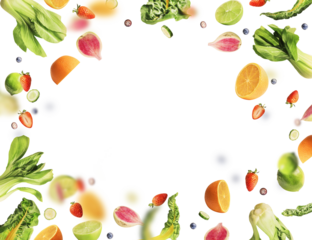 Frame of various flying or falling summer fruits, berries and vegetables on transparent background. Healthy food. Detox and dieting concept
