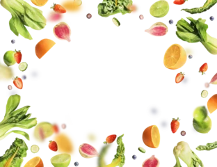 Foto auf Acrylglas Rahmen aus verschiedenen fliegenden oder fallenden Sommerfrüchten, Beeren und Gemüse auf transparentem Hintergrund. Gesundes Essen. Detox- und Diätkonzept © VICUSCHKA