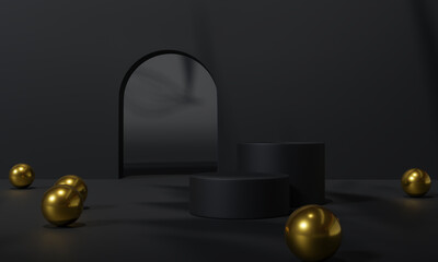Black podium and black background stand or podium pedestal on advertising display with blank backdrops. 3D rendering.