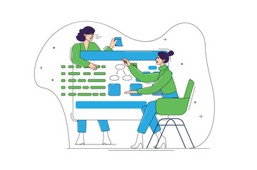 Blue and green concept Workflow with people scene in the flat cartoon design. Two women draw up a scheme of work. Vector illustration.