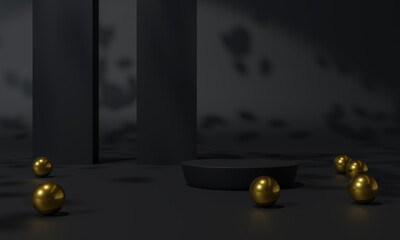 Black podium and black background stand or podium pedestal on advertising display with blank backdrops. 3D rendering.