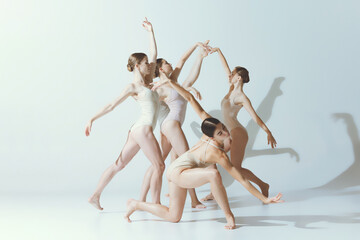 Group of young women, ballerinas dancing, performing isolated over grey studio background. Power in tenderness