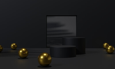 Black podium and black background stand or podium pedestal on advertising display with blank backdrops. 3D rendering.