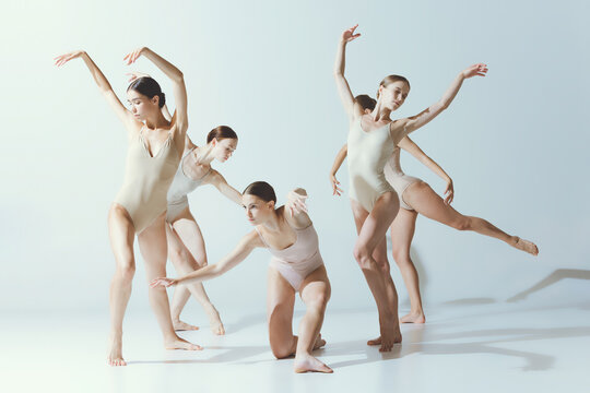 Group of young women, ballerinas dancing, performing, training isolated over grey studio background. Ballet school