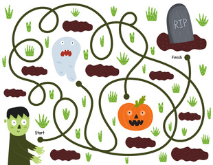 Help a cute zombie find path to the grave. Halloween maze game for kids in cartoon style. Labyrinth puzzle for school and preschool. Vector illustration