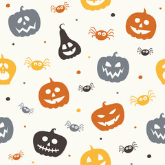 Background with funny pumpkin lanterns and spiders. Halloween seamless pattern. Vector