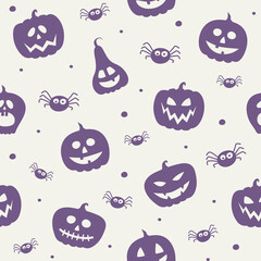 Funny Halloween texture with pumpkins and spiders. Seamless pattern. Vector