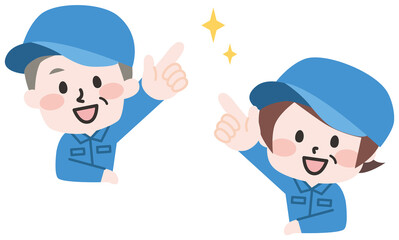  ななめうえを指差す作業員たち