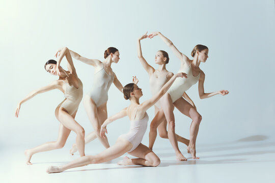 Group of young women, ballerinas dancing, performing isolated over grey studio backgroun. Contemporary art ballet