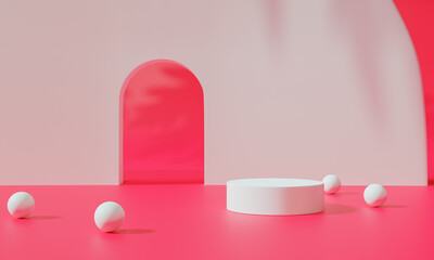 Podium with colorful background stand or podium pedestal on advertising display with blank backdrops. 3D rendering.