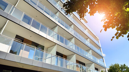 Modern residential building with new apartments in a green residential area. Eco architecture. Green tree and new apartment building. The harmony of nature and modernity.