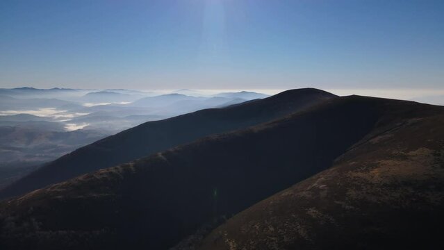 Scenic aerial view, drone flies high up over the Carpathian mountain range
