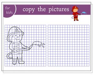 Copy the picture, educational games for kids, cute cartoon firefighter. vector isolated on a white background.